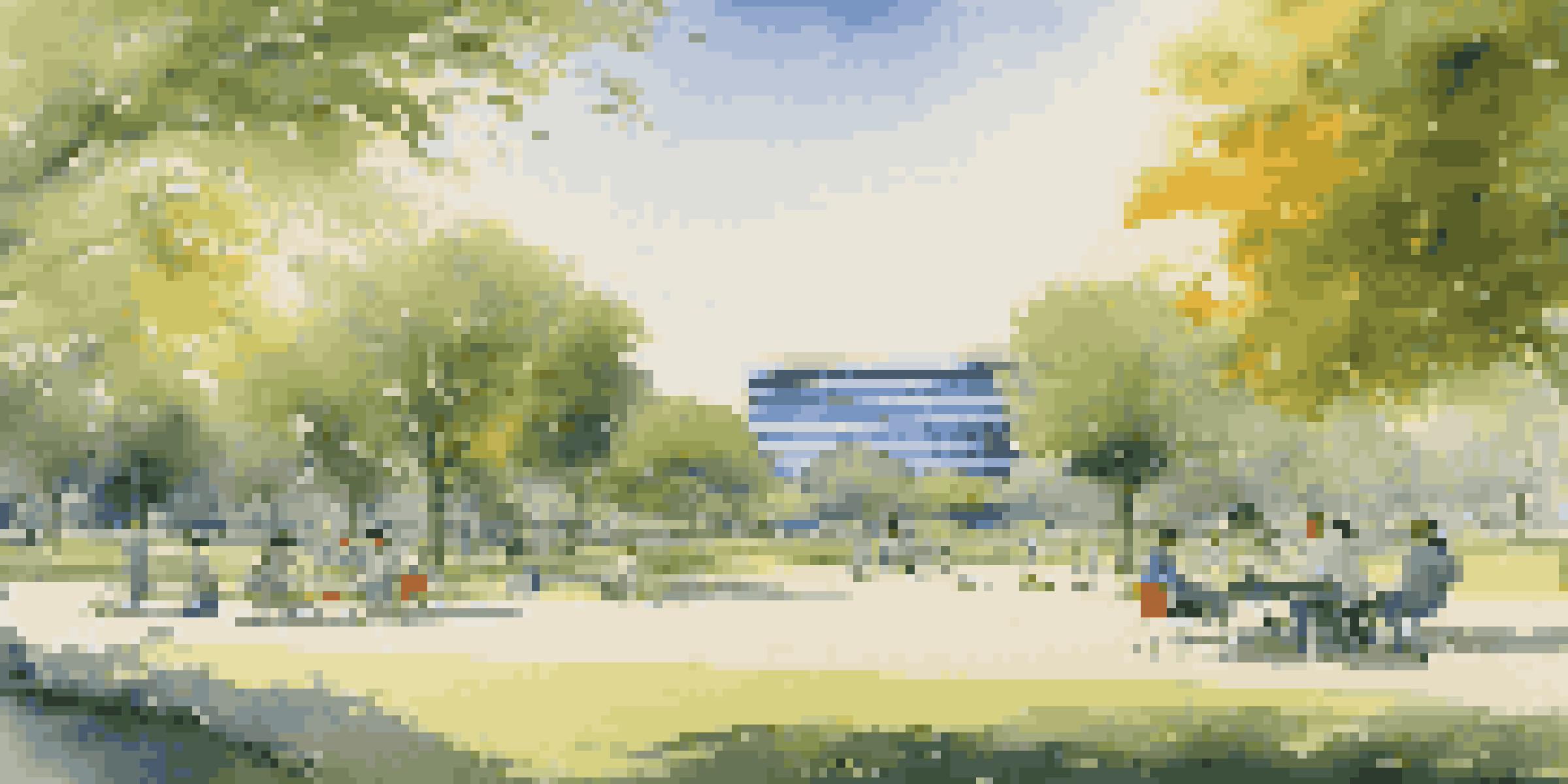 A peaceful landscape showing a park with families enjoying a picnic on one side and a modern office building with professionals on the other, reflecting balance in life.