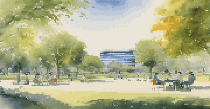 A peaceful landscape showing a park with families enjoying a picnic on one side and a modern office building with professionals on the other, reflecting balance in life.