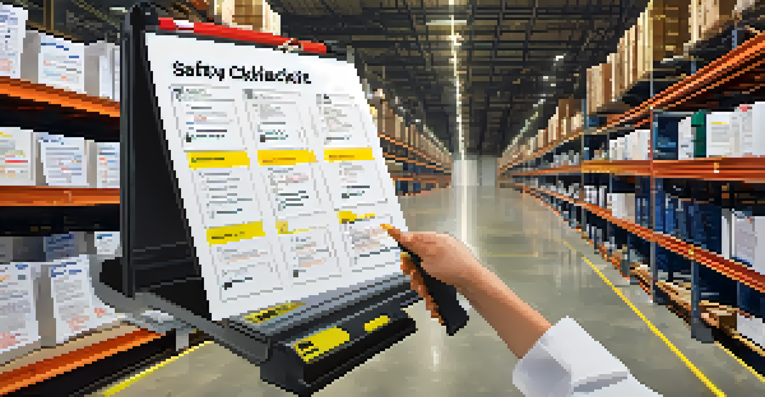 An employee filling out a detailed safety checklist in a warehouse setting.