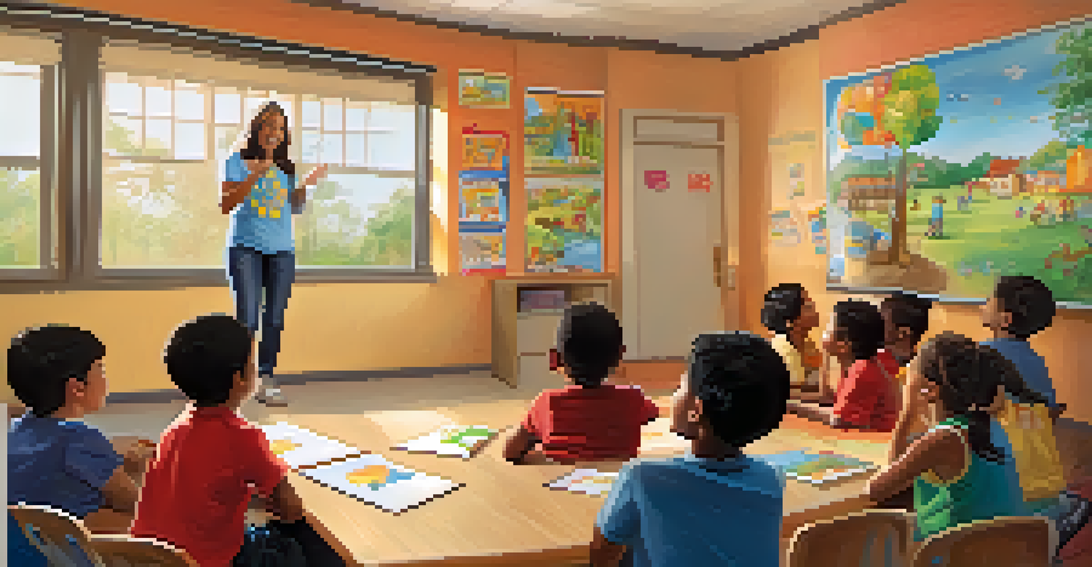 A volunteer presenting to a group of excited children in a colorful community center, with educational posters in the background.