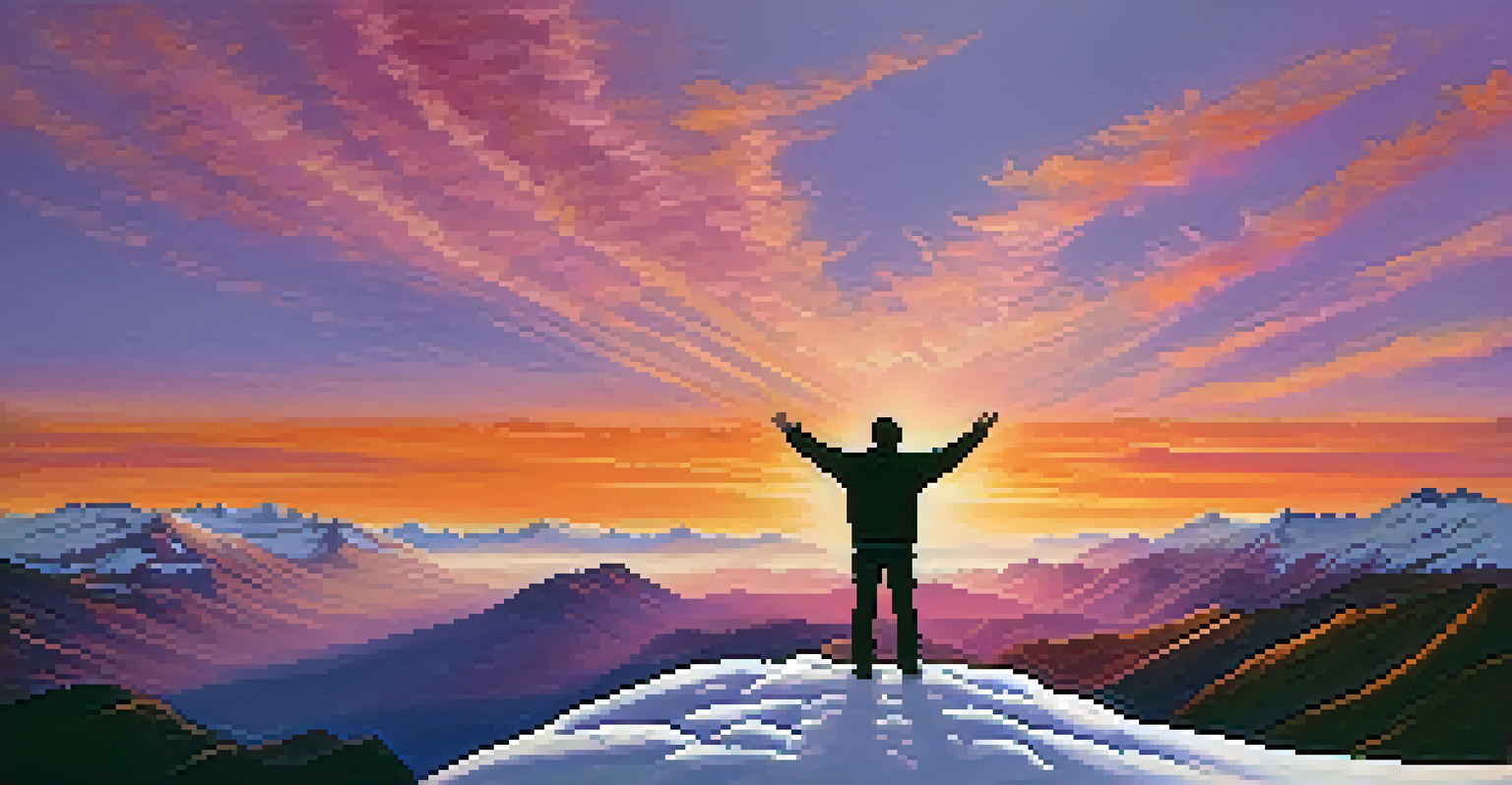 A person celebrating a new beginning at sunrise on a mountain cliff.