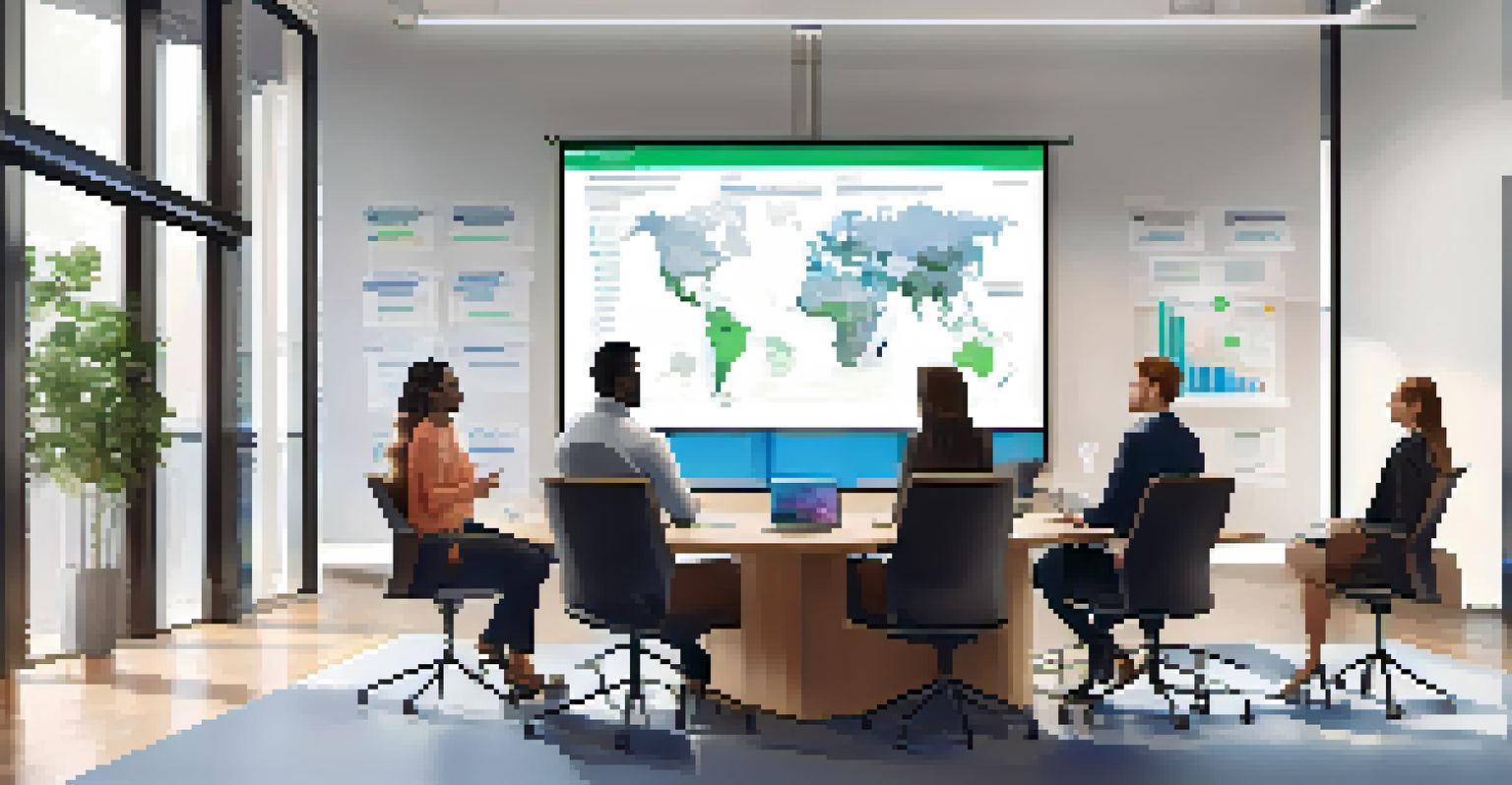 A diverse team collaborating in a bright conference room, discussing a project with a digital display.