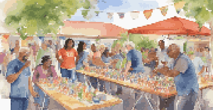 A diverse group of volunteers working together to set up a community event with colorful decorations and supplies.