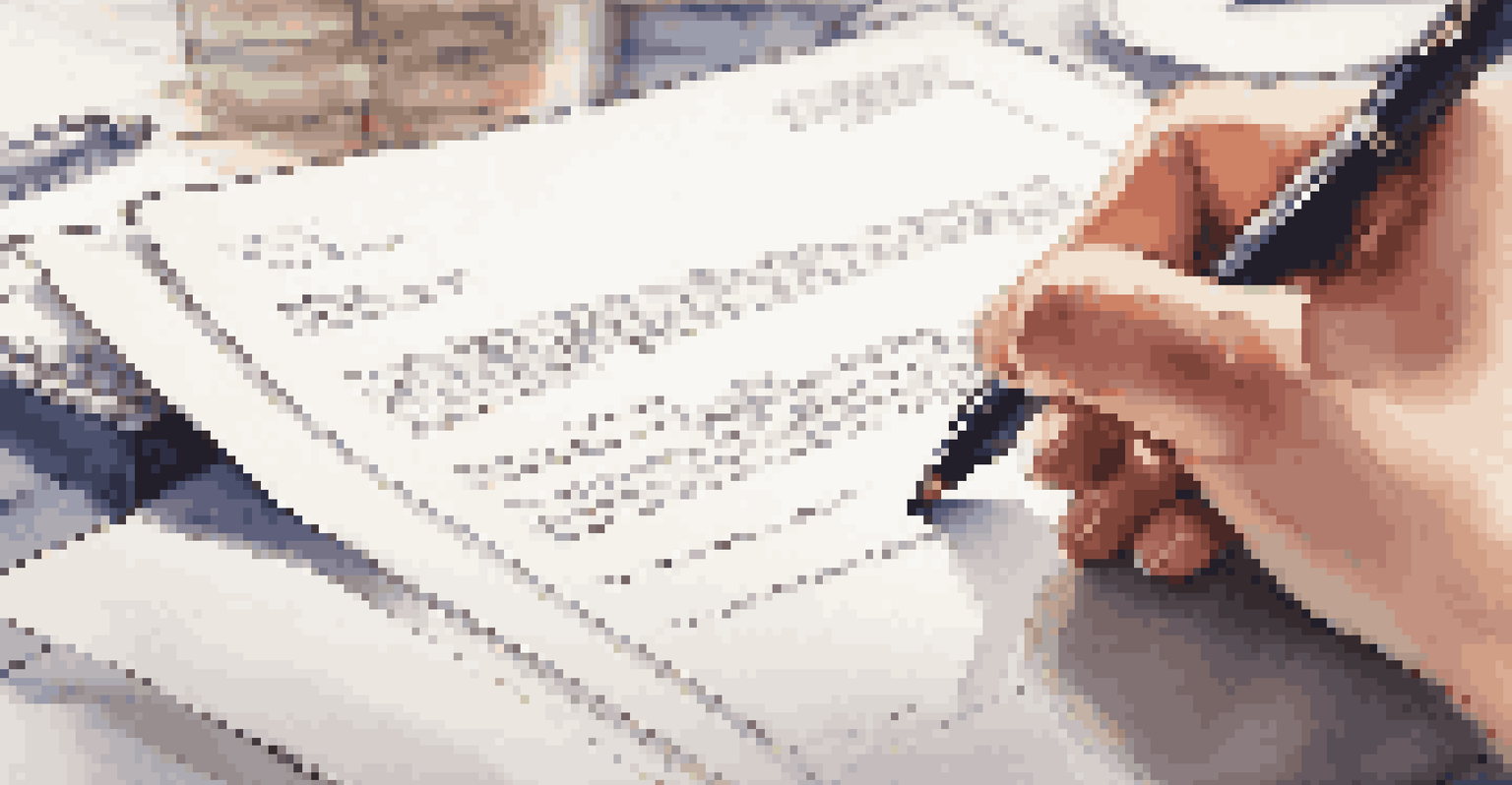 A close-up of a hand writing on a cover letter with a pen, with a blurred elegant office background.