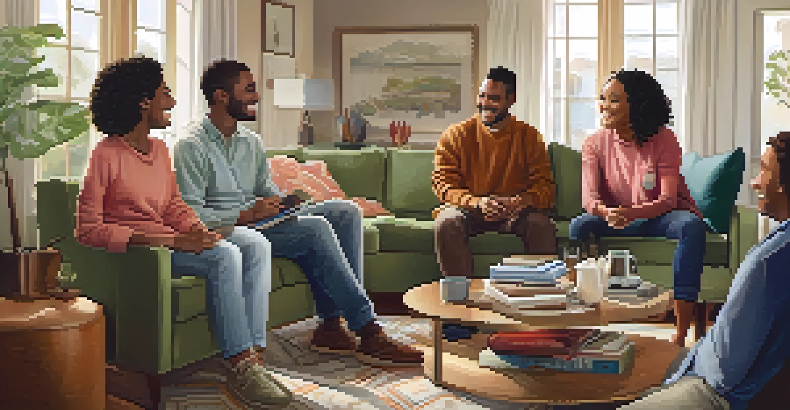 A diverse group of people in a cozy living room having a supportive discussion, surrounded by warm decor and natural light.