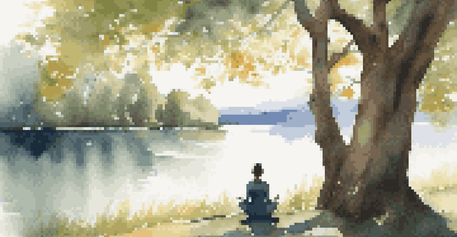A person meditating under a tree with sunlight filtering through the leaves, overlooking a tranquil lake.
