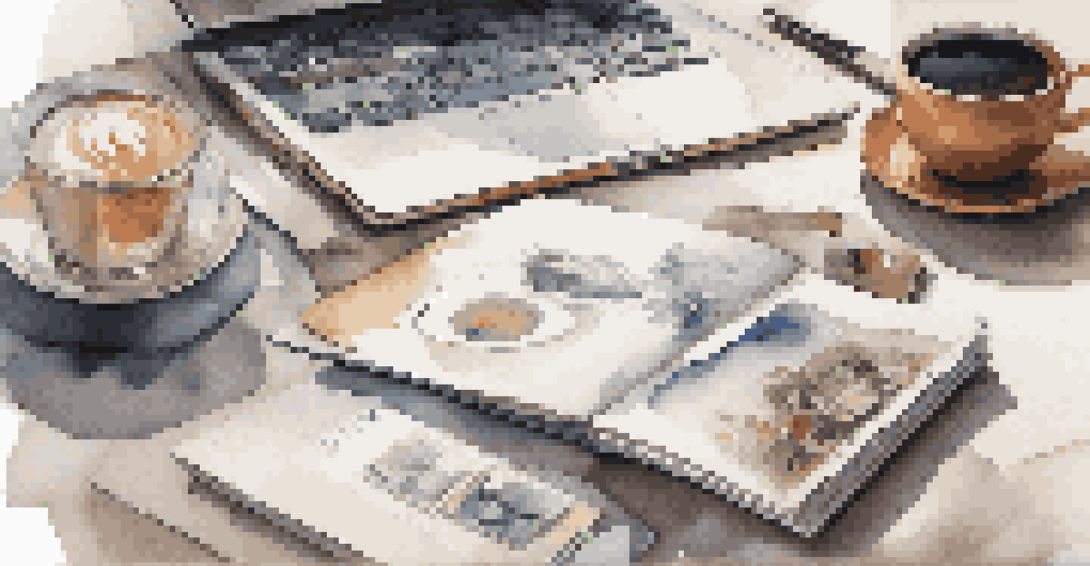 A coffee table with a collection of printed portfolio pieces and a cup of coffee in a creative studio.