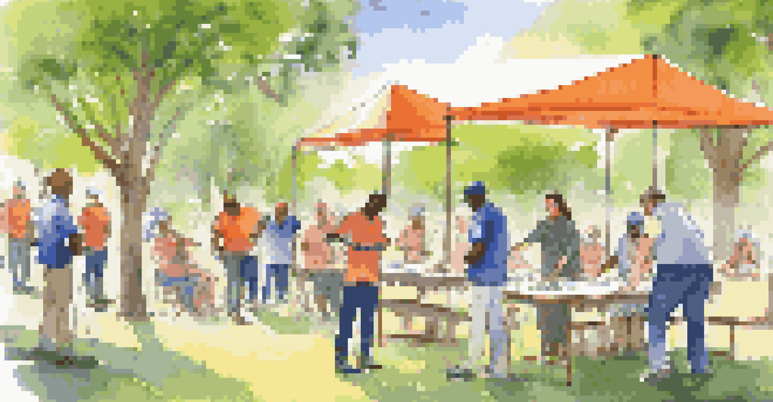 A diverse group of people participating in a safety communication workshop in a sunny park, with trees and banners in the background.