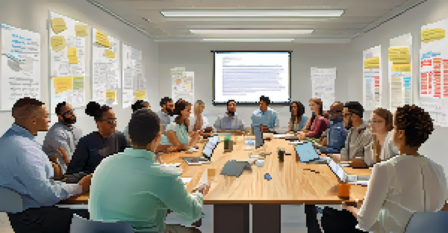 A diverse group of people participating in a career workshop at a large table, with a projector displaying a presentation.