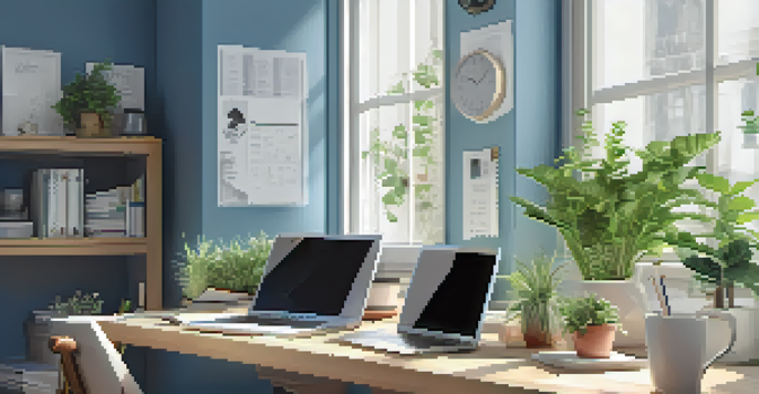 A modern office workspace with a laptop, tablet, and smartphone, well-lit with natural light and potted plants.