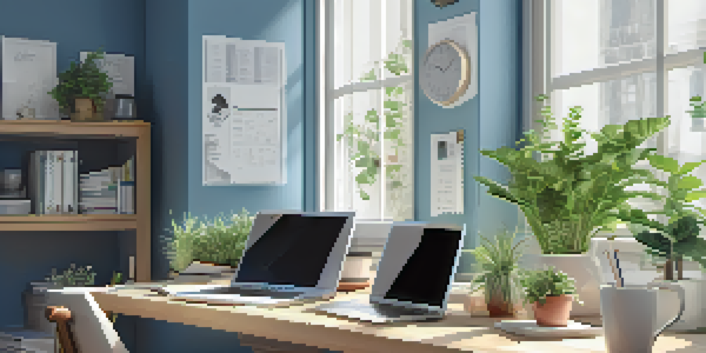 A modern office workspace with a laptop, tablet, and smartphone, well-lit with natural light and potted plants.