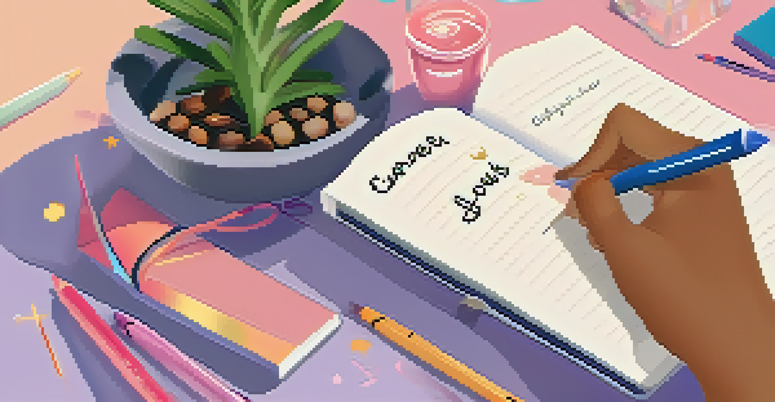 Close-up of hands writing career goals in a planner, surrounded by motivational items.