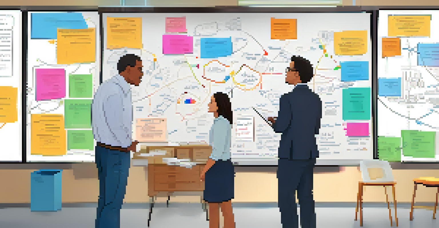 A mentor and intern discussing in front of a whiteboard in a bright office space.