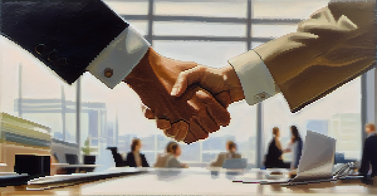 A close-up of a handshake between two individuals, set against a blurred office background, symbolizing teamwork and collaboration.