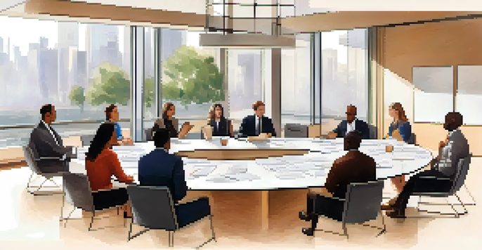 A group of diverse professionals in a bright office, participating in a feedback session around a round table.