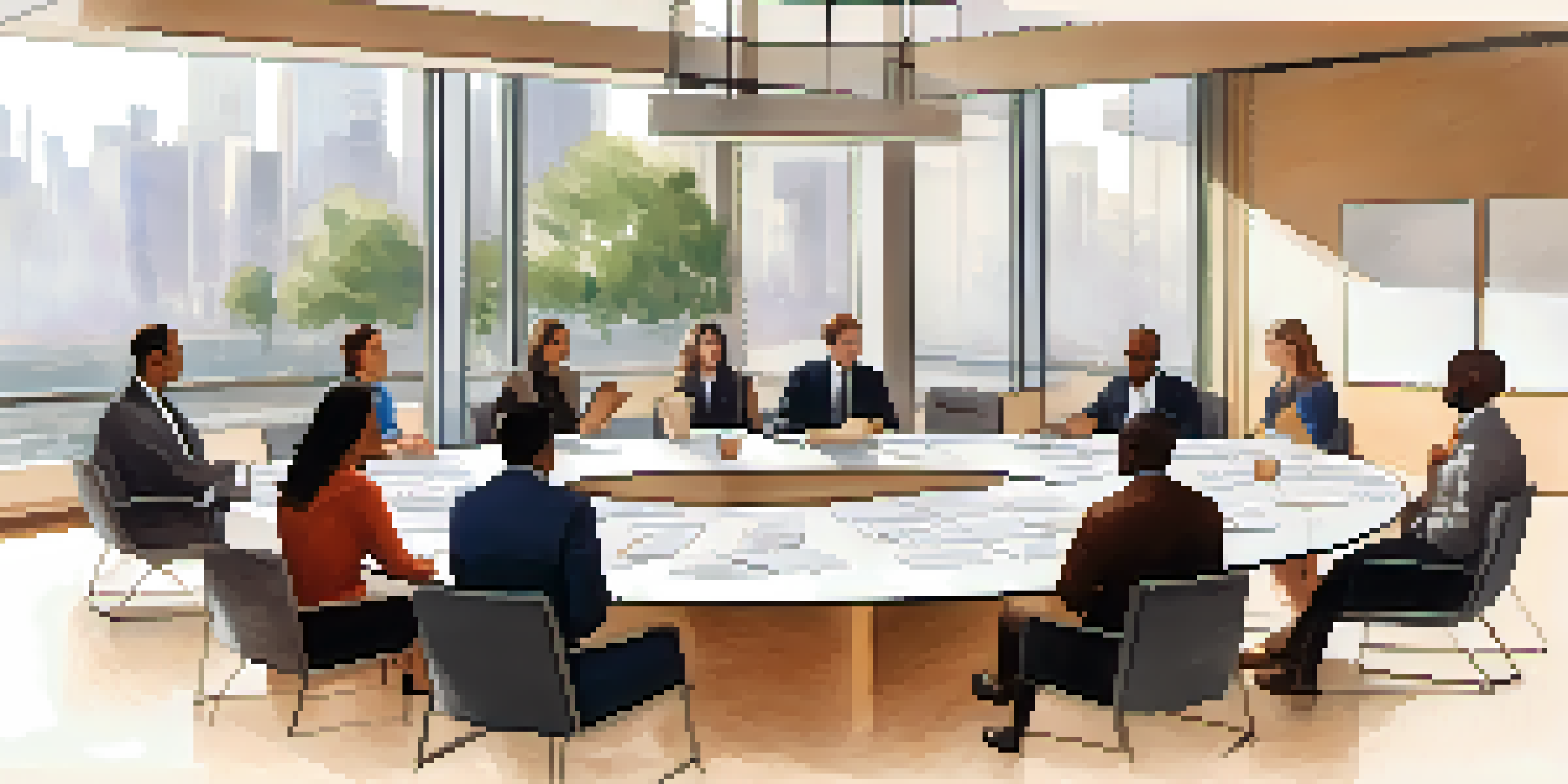 A group of diverse professionals in a bright office, participating in a feedback session around a round table.
