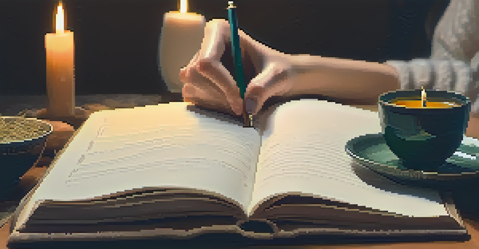 Close-up of hands journaling with a cup of tea and a candle in a soft, warm setting.