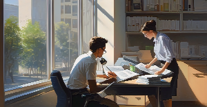 A young person observing a mentor in an office, taking notes while the mentor is engaged in conversation.