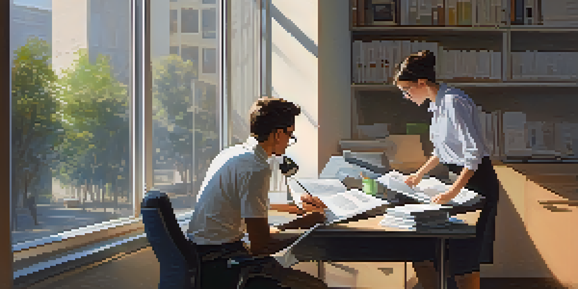 A young person observing a mentor in an office, taking notes while the mentor is engaged in conversation.