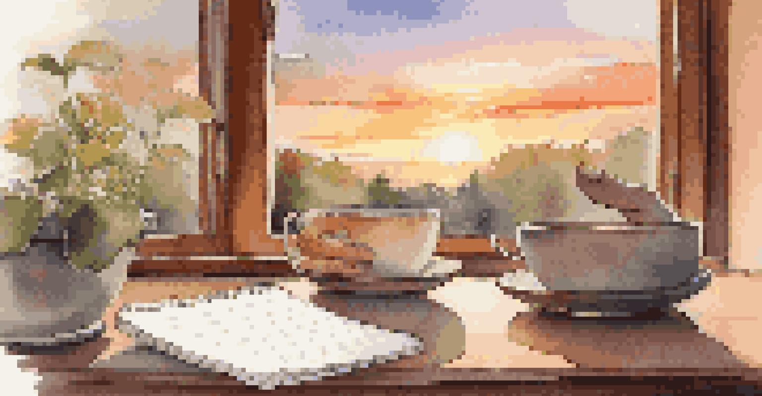 Close-up of hands holding a cup of herbal tea on a desk with a calming sunset view in the background.