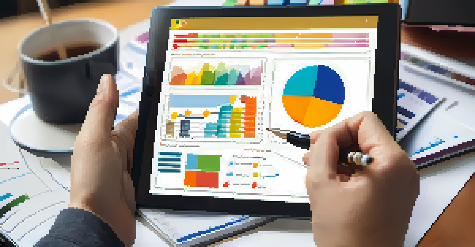 A hand holding a tablet displaying employee satisfaction survey results with charts and graphs, set in a cozy office environment.