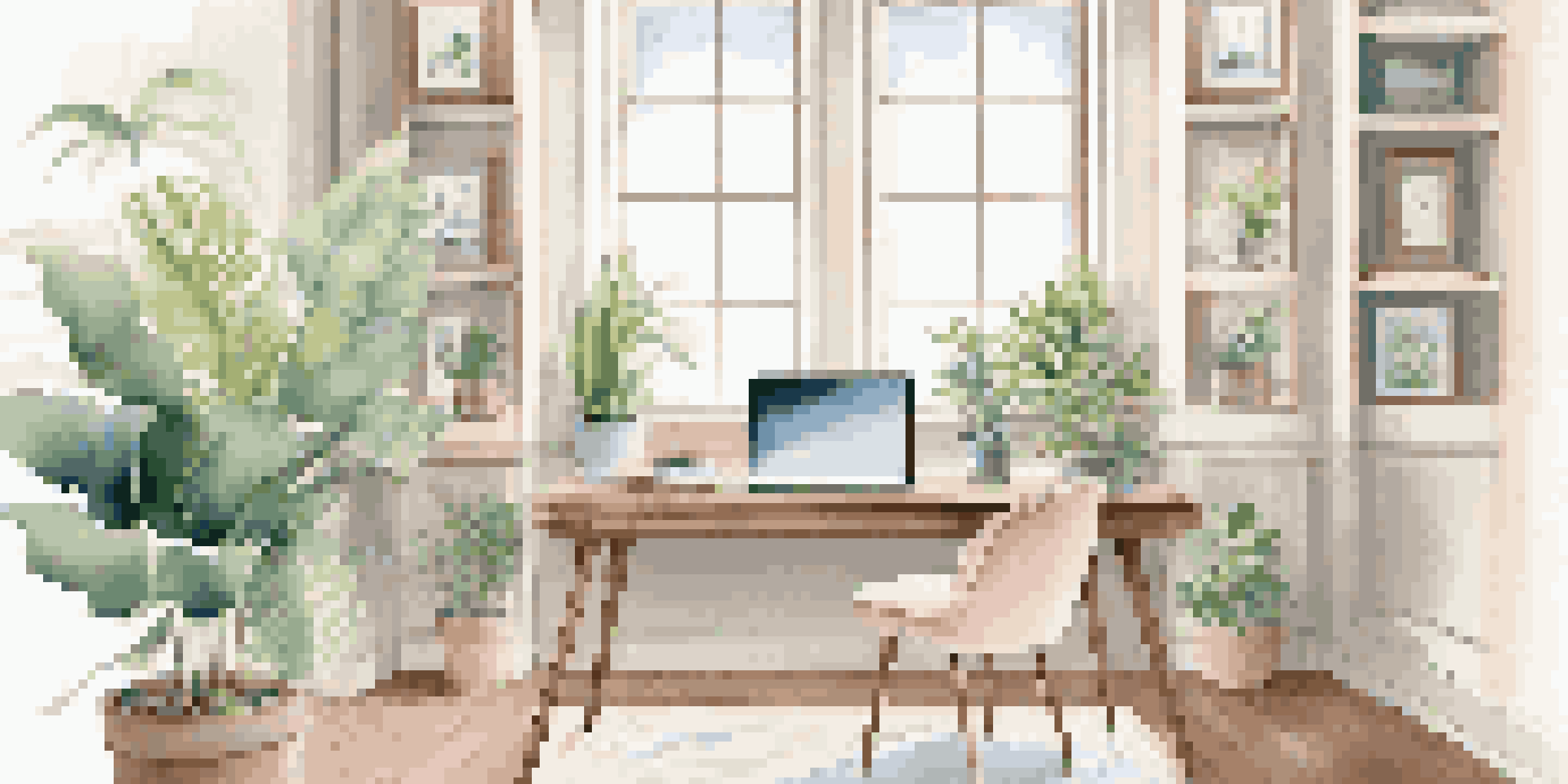 A peaceful home office with a wooden desk, laptop, and potted plant, illuminated by natural light from a large window.