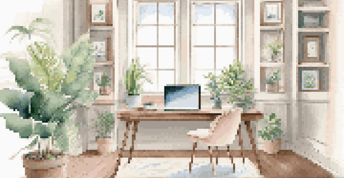 A peaceful home office with a wooden desk, laptop, and potted plant, illuminated by natural light from a large window.