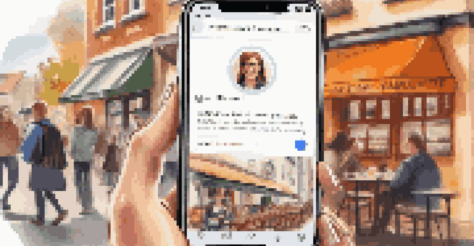 A smartphone showcasing a freelancer's social media profile in a bustling café environment.