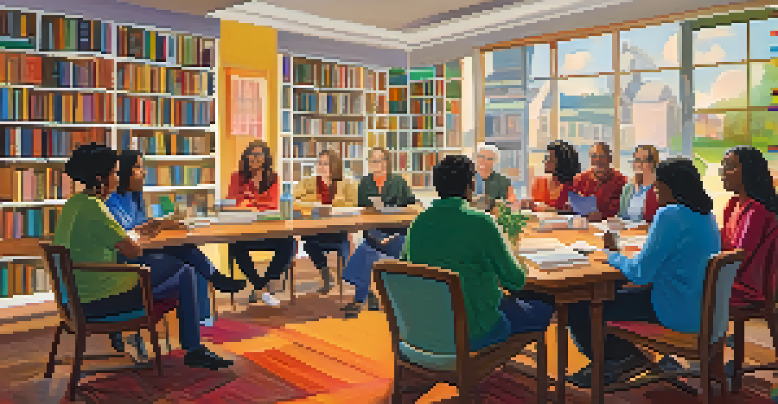 Employees engaged in a lively book club discussion about diversity, surrounded by books and a cozy atmosphere.