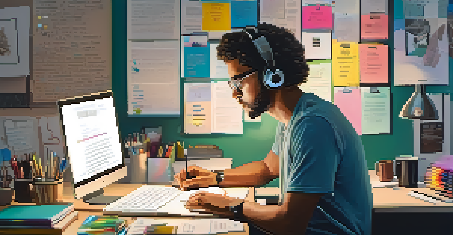 A focused person at a desk with a laptop, creating social media content, surrounded by colorful stationery and motivational quotes.