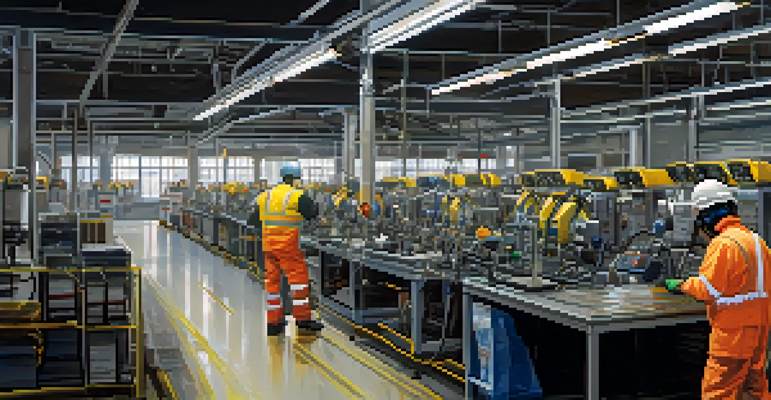 Employees in protective gear operating machinery safely in a well-organized industrial workspace.