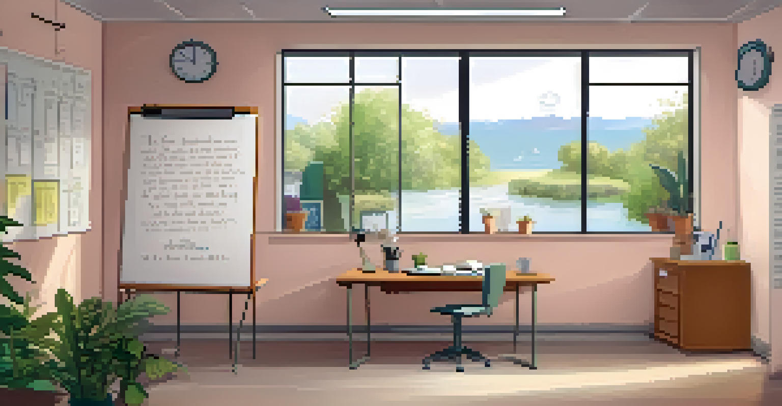A workspace with open-ended questions on a whiteboard, designed to encourage dialogue and collaboration.