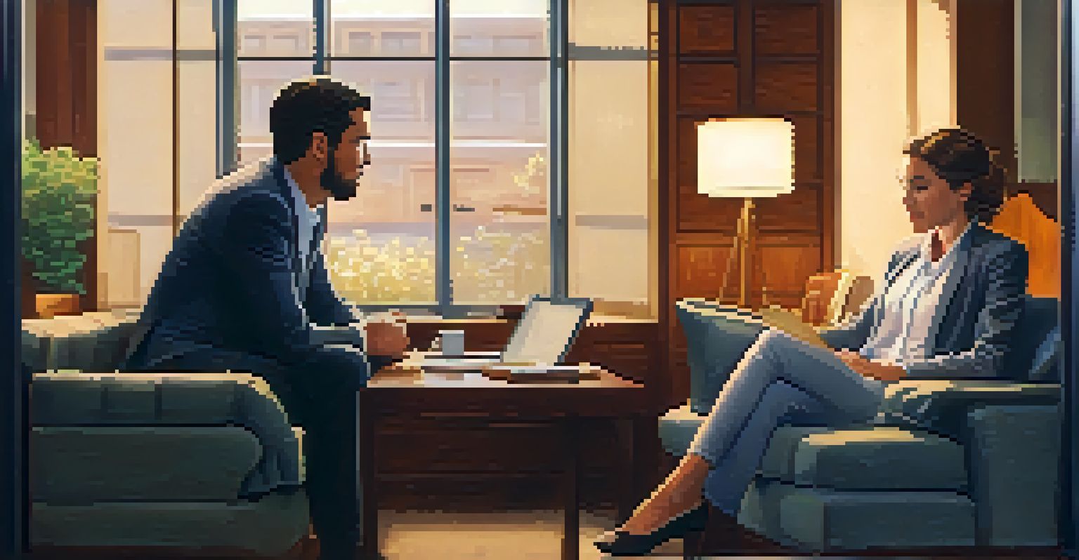 Two colleagues in a cozy office nook engaged in a one-on-one discussion, showcasing empathy and understanding in their expressions.