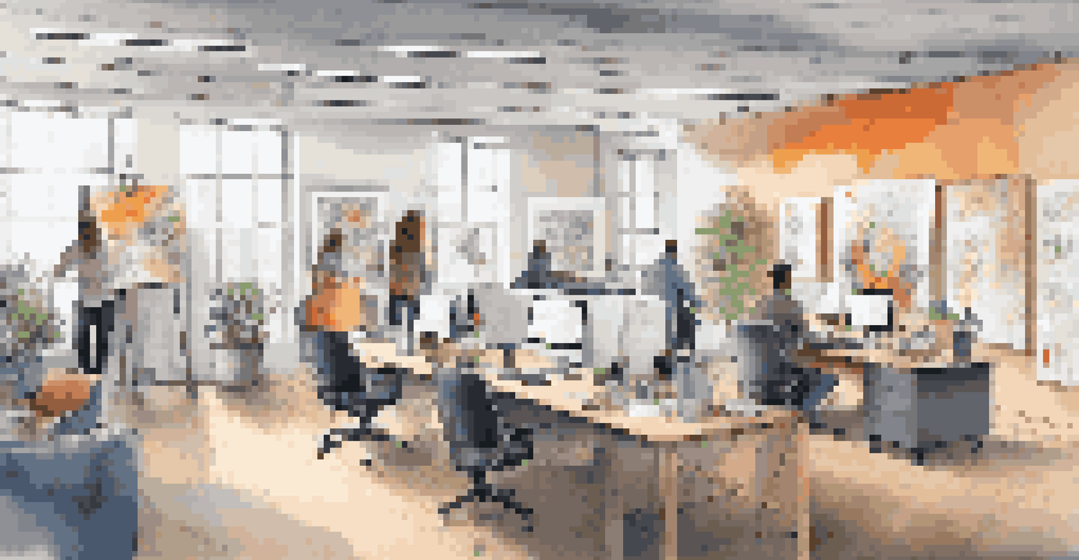 An artistic office with colorful artwork where employees are brainstorming on a whiteboard, surrounded by creative tools and comfortable seating.