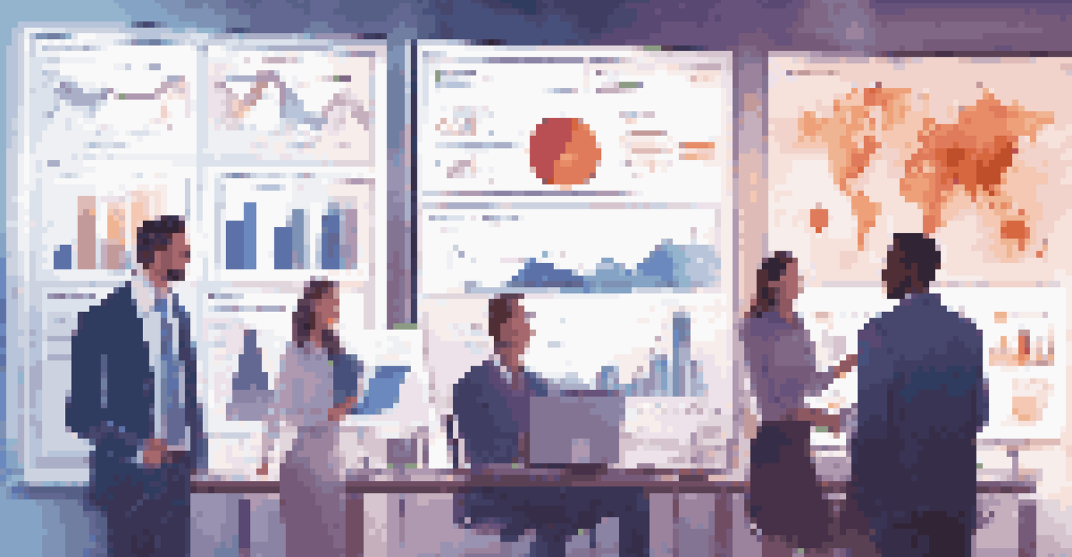 A team analyzing data on a digital dashboard in a modern office setting.