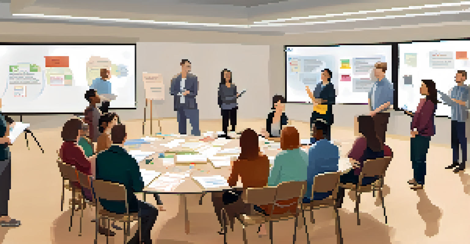 A workshop on emotional intelligence with participants interacting in a semi-circle around a facilitator and a flip chart.