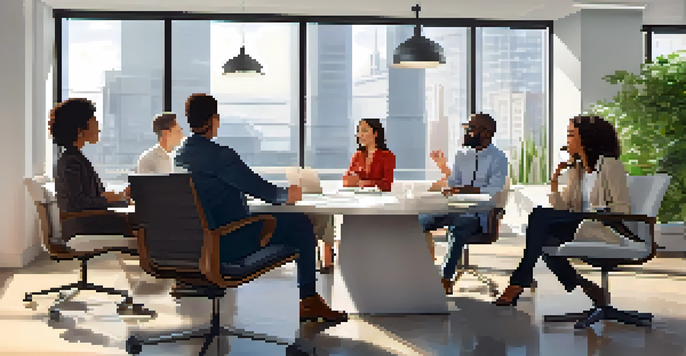 A diverse group of professionals in a bright modern office, engaged in a collaborative discussion, showcasing teamwork and inclusion.
