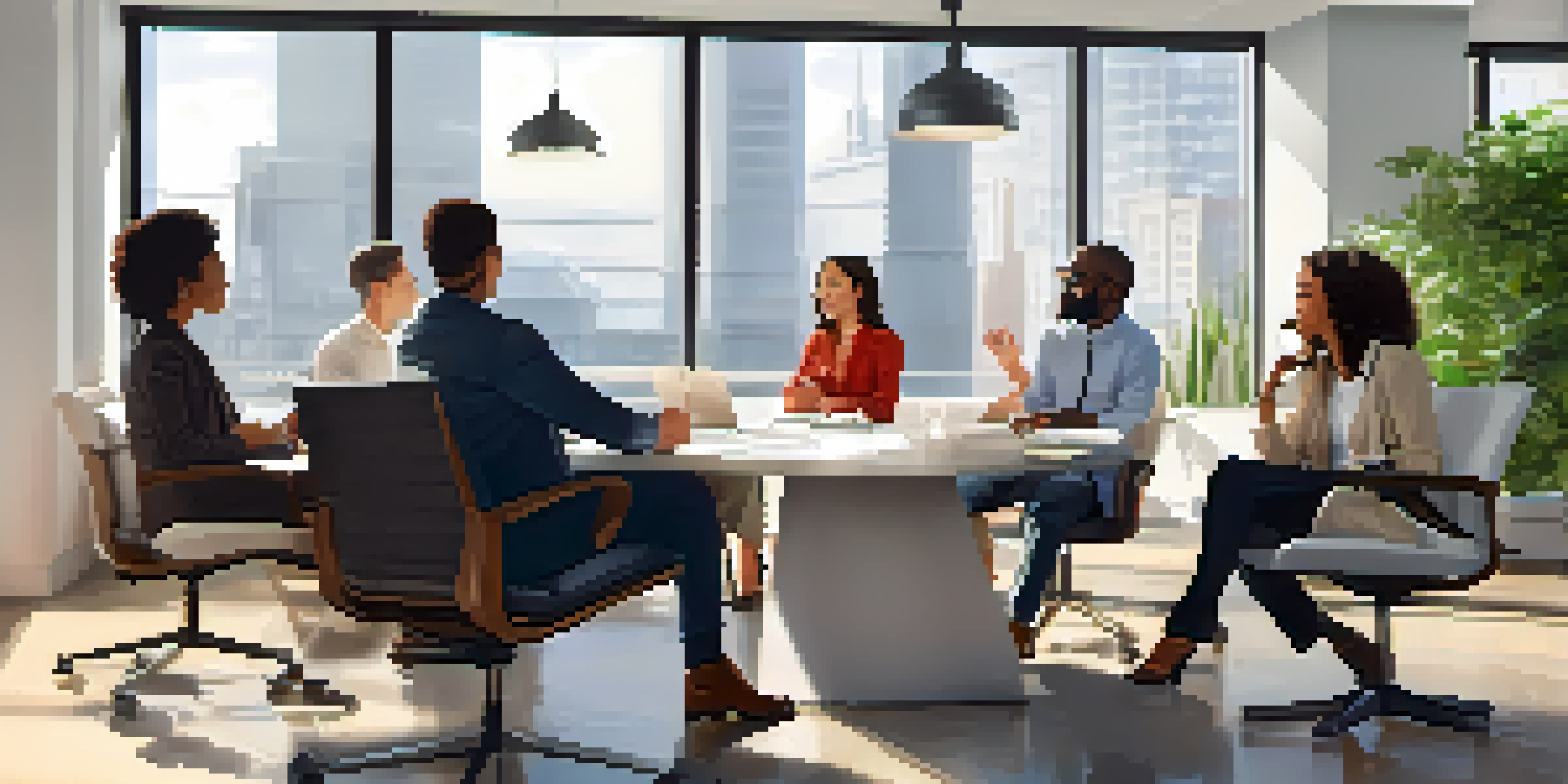 A diverse group of professionals in a bright modern office, engaged in a collaborative discussion, showcasing teamwork and inclusion.