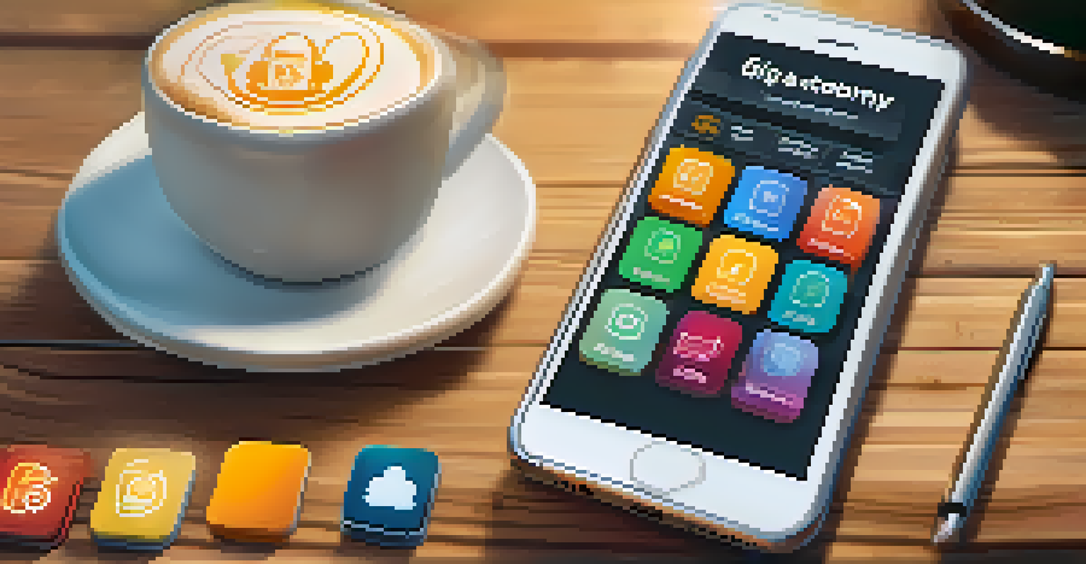 A close-up of a smartphone showing a gig economy app interface on a wooden table with coffee cups and notebooks.