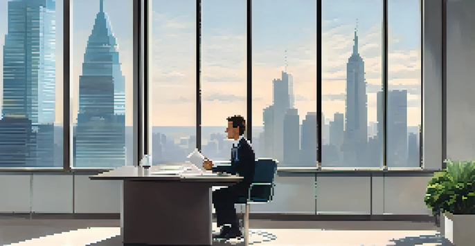 Two colleagues in a modern office negotiating at a glass table, with a city skyline in the background.