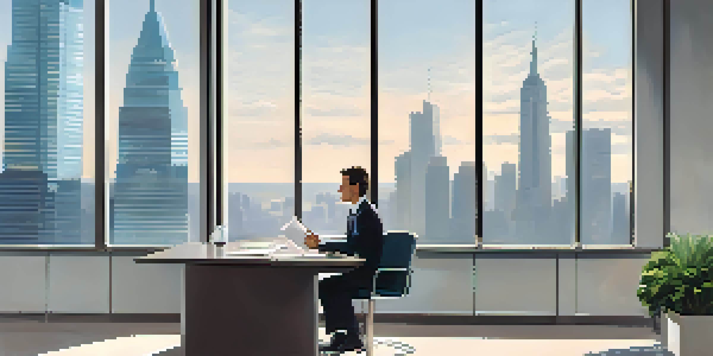 Two colleagues in a modern office negotiating at a glass table, with a city skyline in the background.