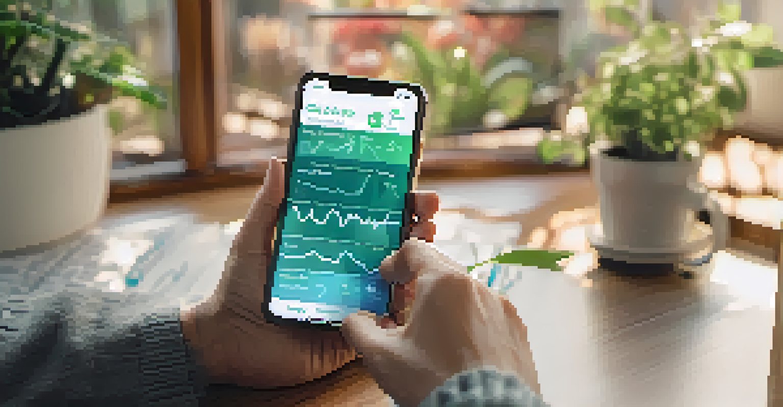 A close-up of a hand holding a smartphone displaying health metrics, with a cozy home setting in the background.
