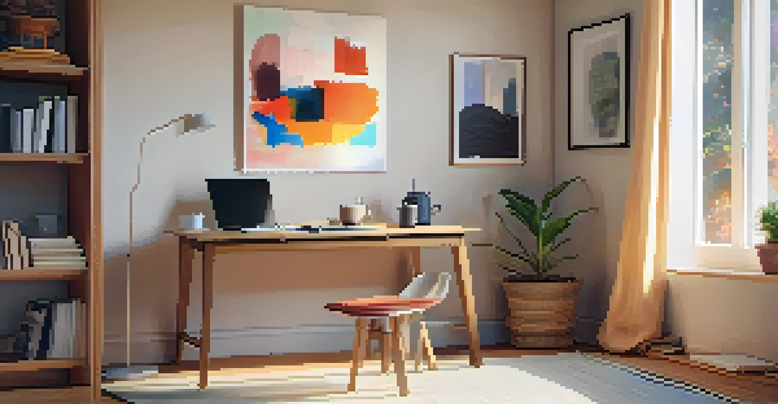 A cozy workspace corner in a living room with a small table, chair, cup of coffee, and an open notebook. The area is warmly lit and adorned with an abstract painting.