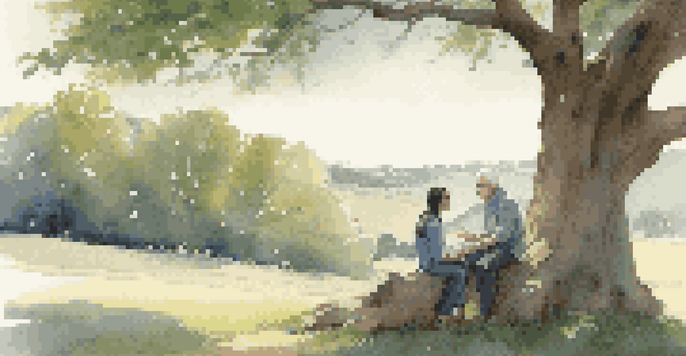 A mentor and mentee having a conversation under an oak tree, with sunlight filtering through the leaves.