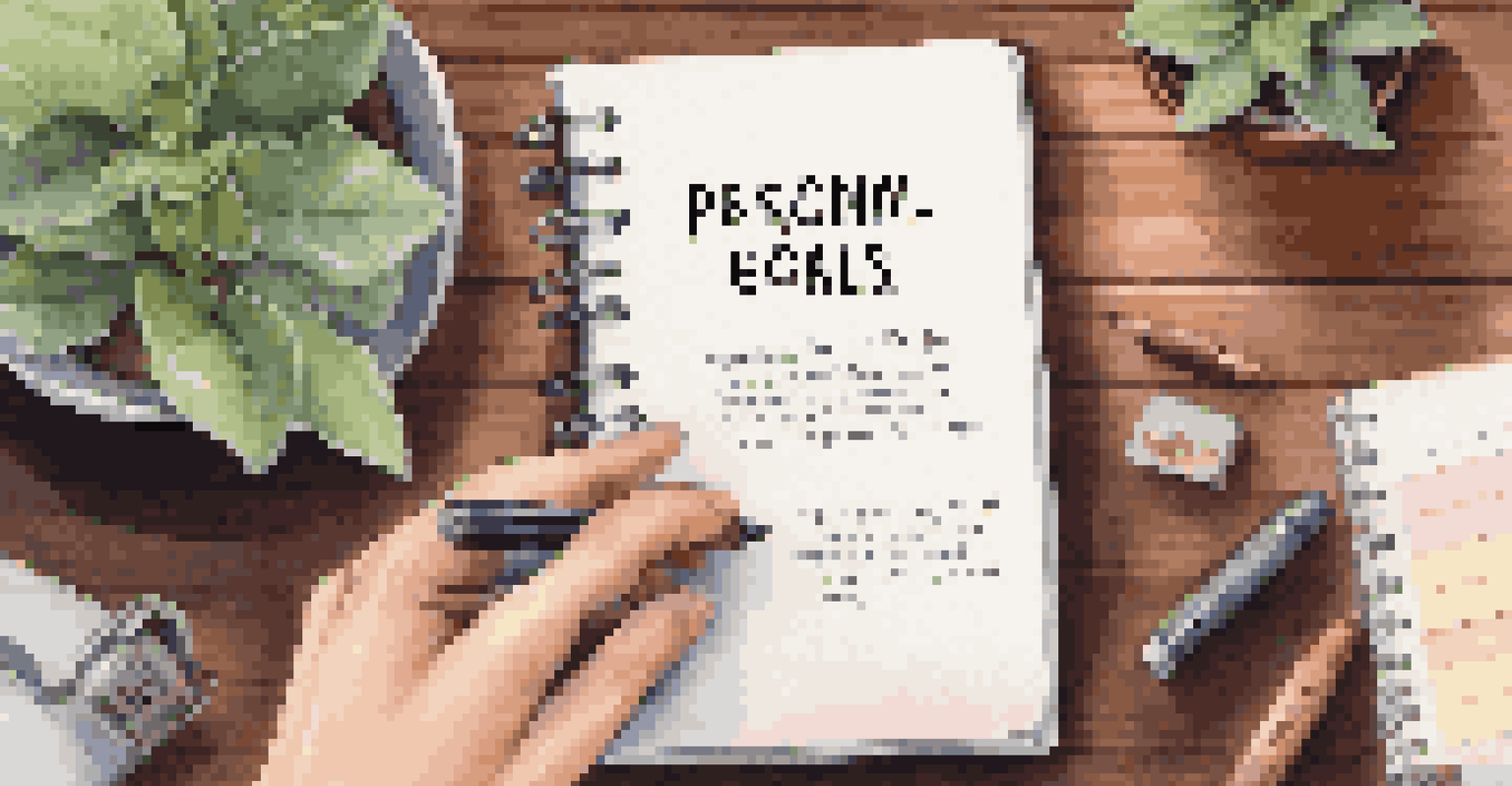 A close-up of a hand writing goals in a notebook on a warm wooden desk, with a cup of tea and a plant in the background.