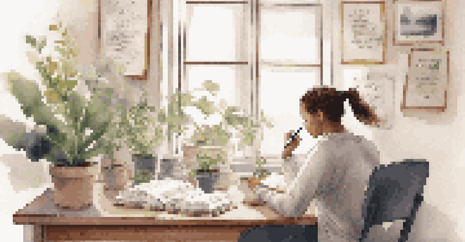 A person journaling at a desk in a cozy room filled with plants and motivational quotes.