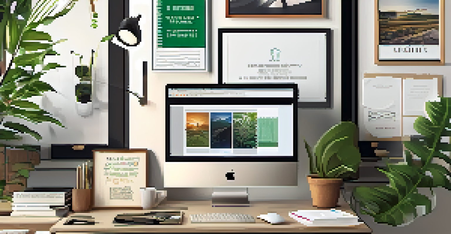 A well-organized freelancer's workspace with a laptop, notebooks, and an inspirational wall in a bright setting.