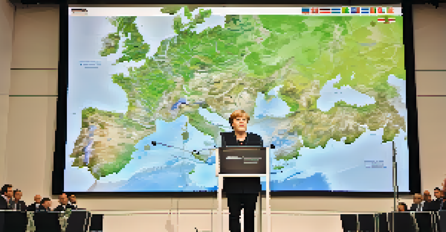 Angela Merkel presenting at a climate summit in front of a map of Europe, with delegates and a screen of statistics in the background.