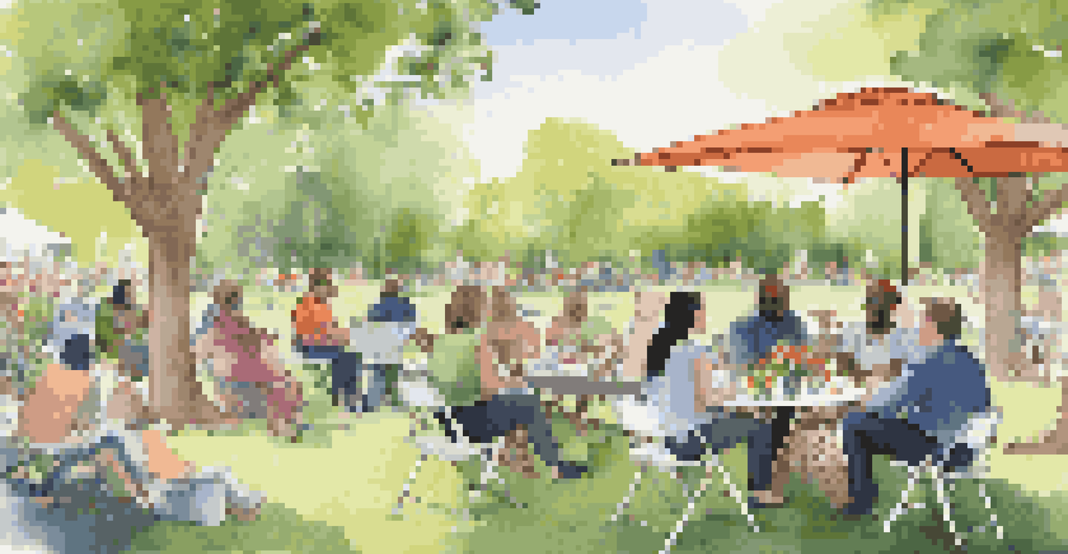 Diverse professionals networking in a park, sitting on blankets surrounded by greenery and flowers, enjoying a warm and friendly atmosphere.