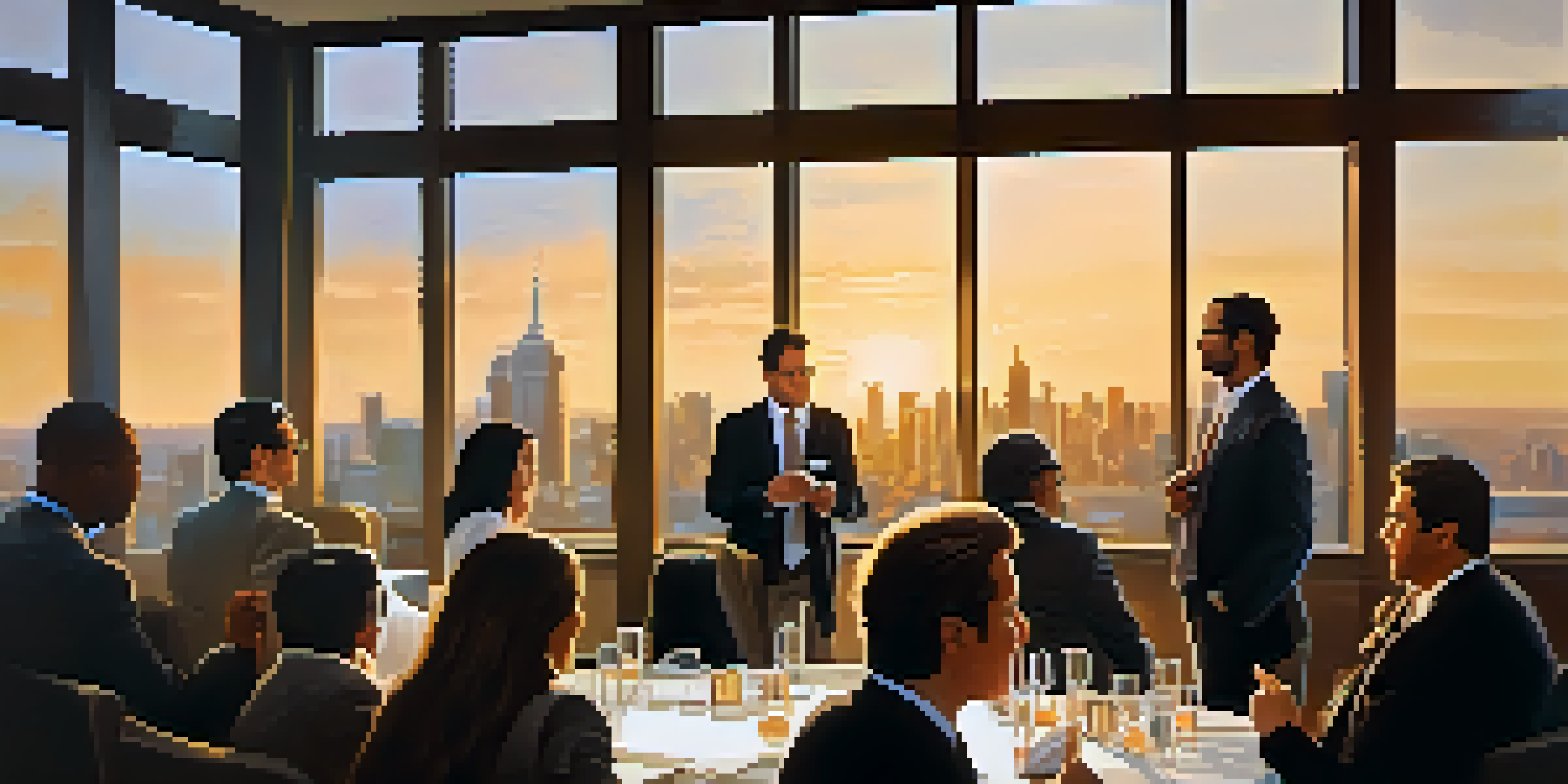 A diverse group of professionals in business attire engaging in conversation at a networking event in a conference room, with a sunset cityscape visible through a large window.